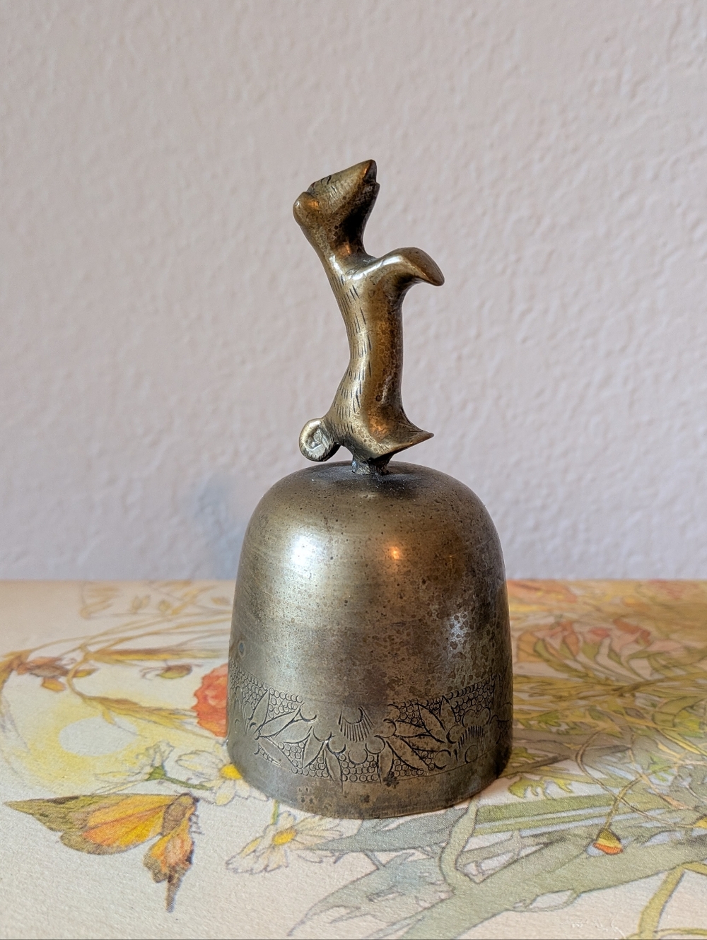 Vintage Etched Brass Bell Dancing Dog On Top Floral Etched Design 4" X 2"